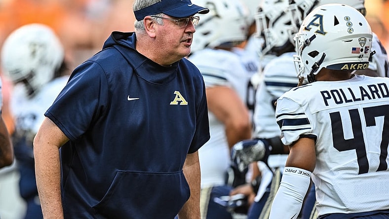 Sep 17, 2022; Knoxville, Tennessee, USA; Akron Zips head coach Joe Moorhead coaching during warmups before the game against the Tennessee Volunteers at Neyland Stadium. Mandatory Credit: Bryan Lynn-USA TODAY Sports