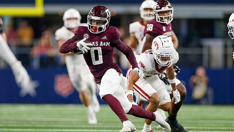 Sep 24, 2022; Arlington, Texas, USA; Texas A&M Aggies wide receiver Ainias Smith (0) makes a catch during the third quarter against the Arkansas Razorbacks at AT&T Stadium. Mandatory Credit: Andrew Dieb-USA TODAY Sports