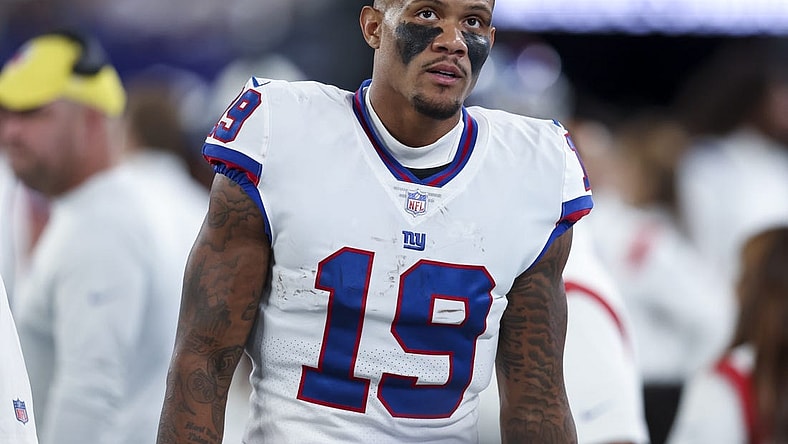 Sep 26, 2022; East Rutherford, New Jersey, USA; New York Giants wide receiver Kenny Golladay (19) reacts during the second half against the Dallas Cowboys at MetLife Stadium. Mandatory Credit: Brad Penner-USA TODAY Sports