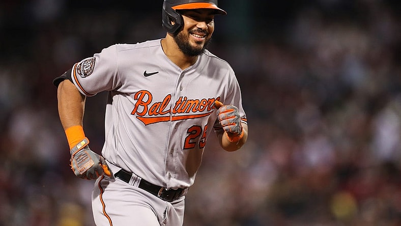Sep 27, 2022; Boston, Massachusetts, USA; Baltimore Orioles left fielder Anthony Santander (25) reacts after hitting a home run during the third inning against the Boston Red Sox at Fenway Park. Mandatory Credit: Paul Rutherford-USA TODAY Sports