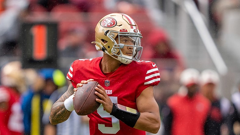 September 18, 2022; Santa Clara, California, USA; San Francisco 49ers quarterback Trey Lance (5) during the first quarter against the Seattle Seahawks at Levi's Stadium. Mandatory Credit: Kyle Terada-USA TODAY Sports