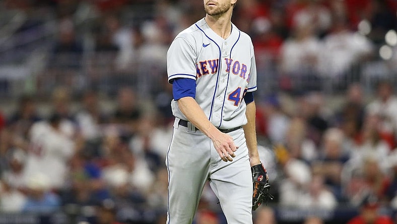 Sep 30, 2022; Atlanta, Georgia, USA; New York Mets starting pitcher Jacob deGrom (48) walks off the mound against the Atlanta Braves in the second inning at Truist Park. Mandatory Credit: Brett Davis-USA TODAY Sports