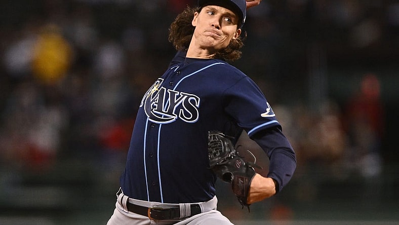 Oct 3, 2022; Boston, Massachusetts, USA; Tampa Bay Rays starting pitcher Tyler Glasnow (20) pitches against the Boston Red Sox during the first at inning at Fenway Park. Mandatory Credit: Brian Fluharty-USA TODAY Sports