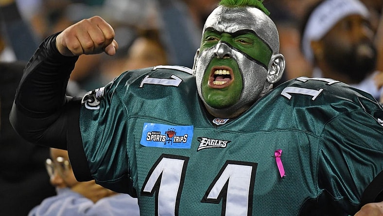 Oct 16, 2022; Philadelphia, Pennsylvania, USA; Philadelphia Eagles fan celebrates during win against the Dallas Cowboys during the fourth quarter at Lincoln Financial Field. Mandatory Credit: Eric Hartline-USA TODAY Sports