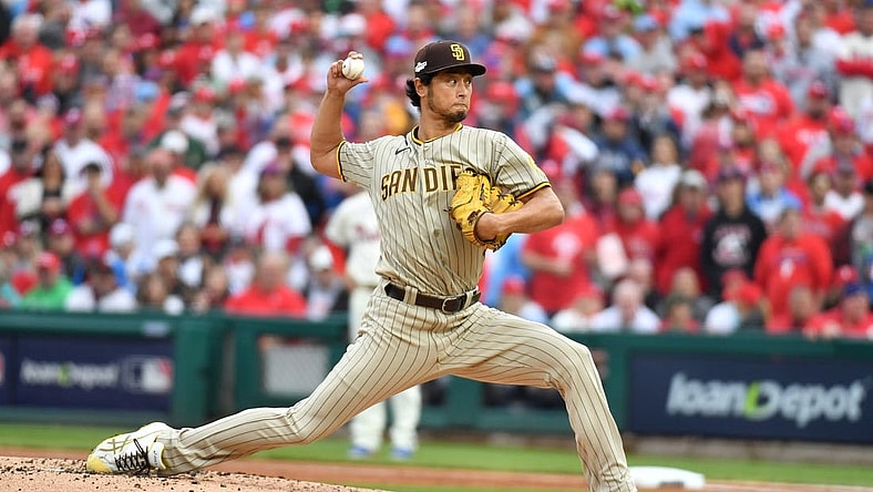 Oct 23, 2022; Philadelphia, Pennsylvania, USA; San Diego Padres starting pitcher Yu Darvish (11) pitches in the first inning during game five of the NLCS against the Philadelphia Phillies for the 2022 MLB Playoffs at Citizens Bank Park. Mandatory Credit: Eric Hartline-USA TODAY Sports