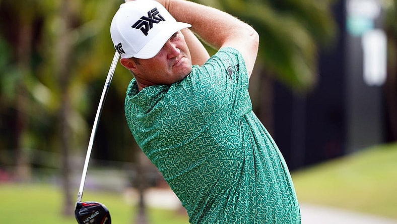 Oct 30, 2022; Miami, Florida, USA; Jason Kokrak plays his shot from the seventh tee  during the final round of the season finale of the LIV Golf series at Trump National Doral. Mandatory Credit: John David Mercer-USA TODAY Sports