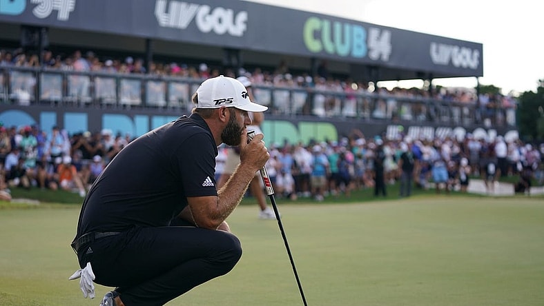 Oct 30, 2022; Miami, Florida, USA; Dustin Johnson looks over the 18th green during the final round of the season finale of the LIV Golf series at Trump National Doral. Mandatory Credit: Jasen Vinlove-USA TODAY Sports