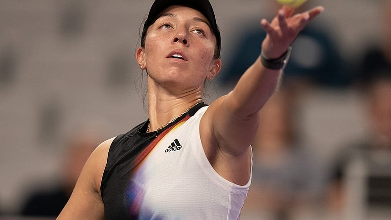 Nov 2, 2022; Forth Worth, TX, USA; Jessica Pegula (USA) tosses the ball to serve during her match against Ons Jabeur (TUN) on day three of the WTA Finals at Dickies Arena. Mandatory Credit: Susan Mullane-USA TODAY Sports