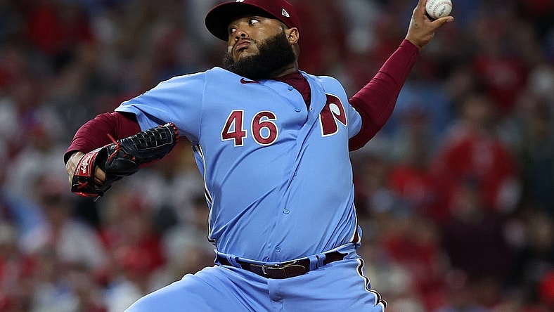Nov 3, 2022; Philadelphia, Pennsylvania, USA; Philadelphia Phillies relief pitcher Jose Alvarado (46) throws a pitch against the Houston Astros during the sixth inning in game five of the 2022 World Series at Citizens Bank Park. Mandatory Credit: Bill Streicher-USA TODAY Sports
