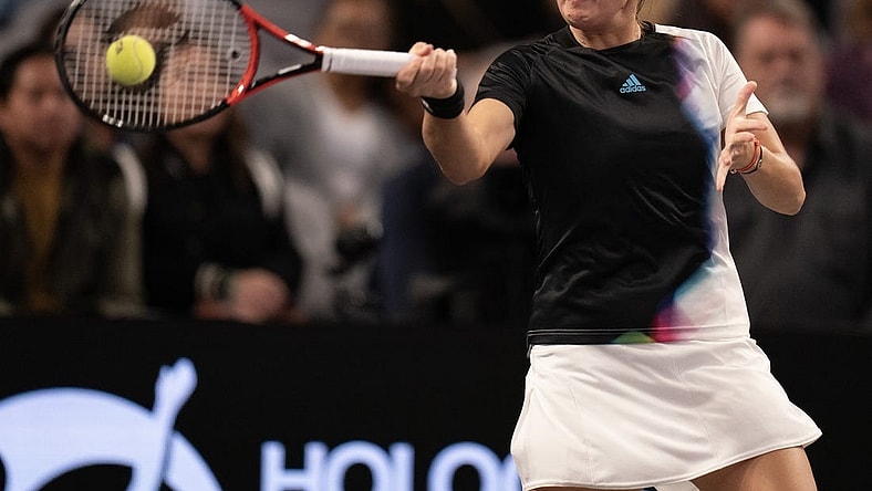 Nov 5, 2022; Forth Worth, TX, USA; Daria Kasatkina returns a shot during her match against Caroline Garcia (FRA) on day six of the WTA Finals at Dickies Arena. Mandatory Credit: Susan Mullane-USA TODAY Sports