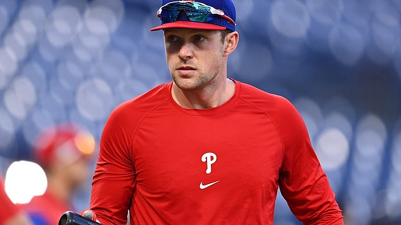 Nov 1, 2022; Philadelphia, PA, USA; Philadelphia Phillies first baseman Rhys Hoskins (17) warms up before game three of the 2022 World Series against the Houston Astros at Citizens Bank Park. Mandatory Credit: Kyle Ross-USA TODAY Sports