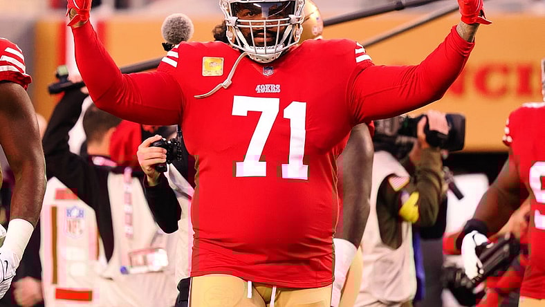 Nov 13, 2022; Santa Clara, California, USA; San Francisco 49ers offensive tackle Trent Williams (71) gestures toward fans before a game against the Los Angeles Chargers at Levi's Stadium. Mandatory Credit: Kelley L Cox-USA TODAY Sports