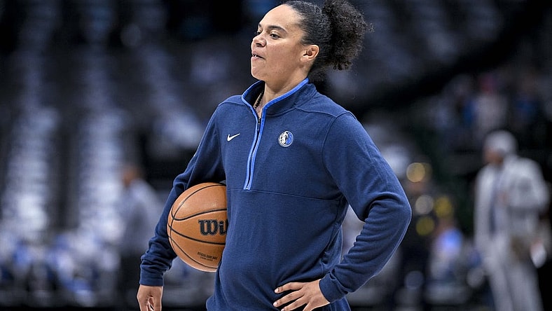 Nov 20, 2022; Dallas, Texas, USA; Dallas Mavericks assistant coach Kristi Toliver before the game between the Dallas Mavericks and the Denver Nuggets at the American Airlines Center. Mandatory Credit: Jerome Miron-USA TODAY Sports