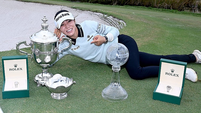 Lydia Ko with all her player awards after winning the 2022 CME Group Tour Golf Championship at the Tiburon Golf Club in Naples, Fla., Sunday, Nov. 20, 2022.  (Chris Tilley)

Lpga 13