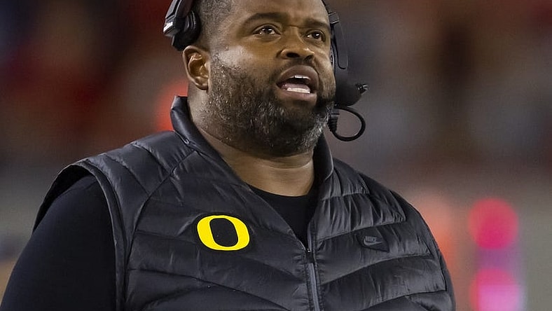 Oct 8, 2022; Tucson, Arizona, USA; Oregon Ducks associate head coach Adrian Klemm against the Arizona Wildcats at Arizona Stadium. Mandatory Credit: Mark J. Rebilas-USA TODAY Sports