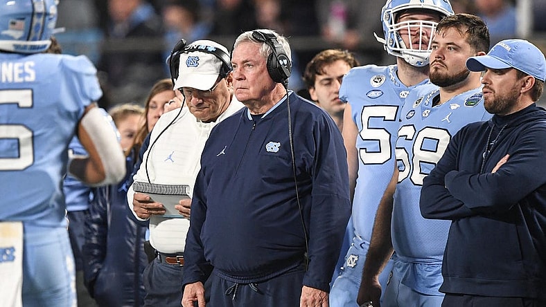 North Carolina Coach Mack Brown watches action against Clemson during the third quarter of the ACC Championship football game at Bank of America Stadium in Charlotte, North Carolina Saturday, Dec 3, 2022.

Clemson Tigers Football Vs North Carolina Tar Heels Acc Championship Charlotte Nc