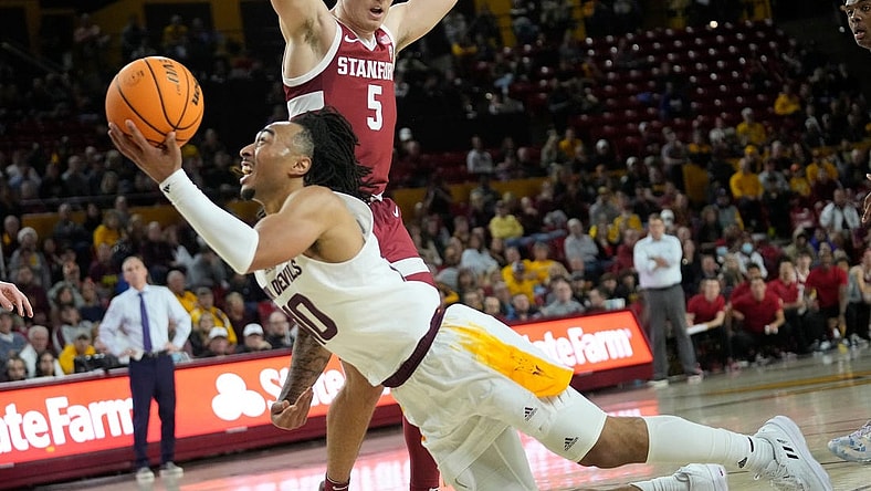 Dec 4, 2022; Tempe, Arizona, USA;  Arizona State guard Frankie Collins (10) puts a shot up against Stanford guard Michael O'Connell (5) during Pac 12 play at Desert Financial Arena. Mandatory Credit: Michael Chow-Arizona Republic

Basketball Asu Stan Stanford At Arizona State