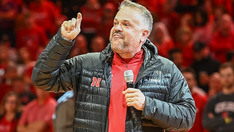 Dec 10, 2022; Lincoln, Nebraska, USA;  Nebraska Cornhuskers head football coach Matt Rhule talks to the crowd during halftime of the game against the Purdue Boilermakers in the first half at Pinnacle Bank Arena. Mandatory Credit: Steven Branscombe-USA TODAY Sports