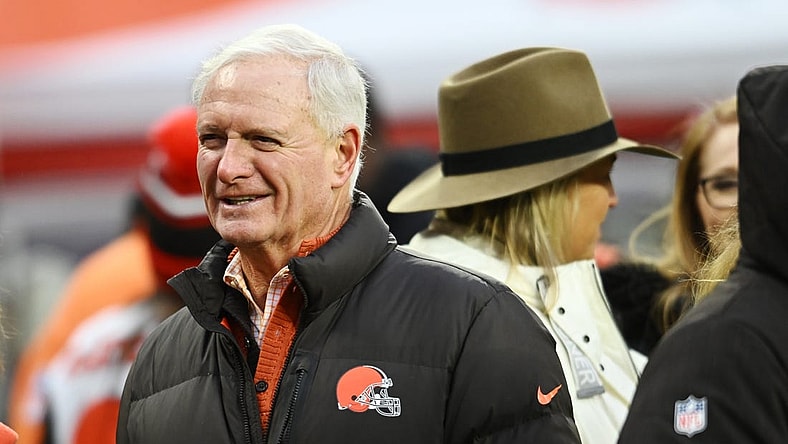 Dec 17, 2022; Cleveland, Ohio, USA; Cleveland Browns managing and principal partner Jimmy Haslam walks on the sideline before the game between the Cleveland Browns and the Baltimore Ravens at FirstEnergy Stadium. Mandatory Credit: Ken Blaze-USA TODAY Sports
