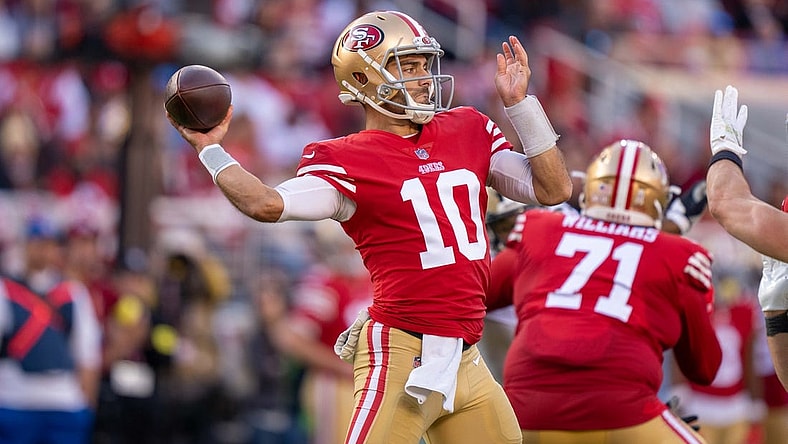 November 27, 2022; Santa Clara, California, USA; San Francisco 49ers quarterback Jimmy Garoppolo (10) during the second quarter against the New Orleans Saints at Levi's Stadium. Mandatory Credit: Kyle Terada-USA TODAY Sports