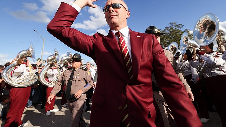 Dec 29, 2022; Orlando, Florida, USA; Florida State Seminoles head coach Mike Norvell arrives for a game against the Oklahoma Sooners in the 2022 Cheez-It Bowl at Camping World Stadium. Mandatory Credit: Nathan Ray Seebeck-USA TODAY Sports