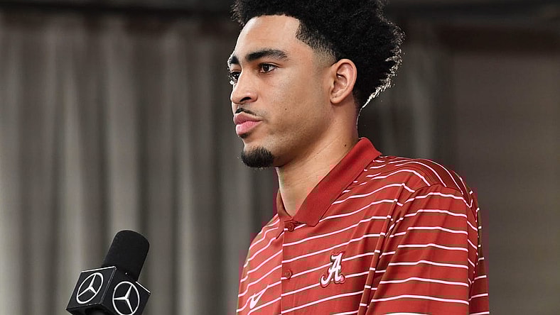 Jan 02, 2023; Tuscaloosa, AL, USA;  Bryce Young announces his intention to enter the NFL draft during a press conference for University of Alabama juniors to announce their intentions.

Ncaa Football Ua Juniors Announce For Nfl
