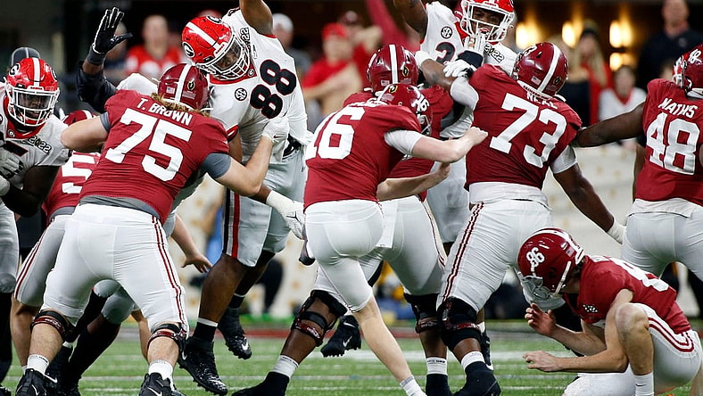 Georgia Bulldogs defensive lineman Jalen Carter (88) blocks a field goal attempt by Alabama Crimson Tide place kicker Will Reichard (16) on Monday, Jan. 10, 2022, during the College Football Playoff National Championship at Lucas Oil Stadium in Indianapolis.
Syndication The Indianapolis Star