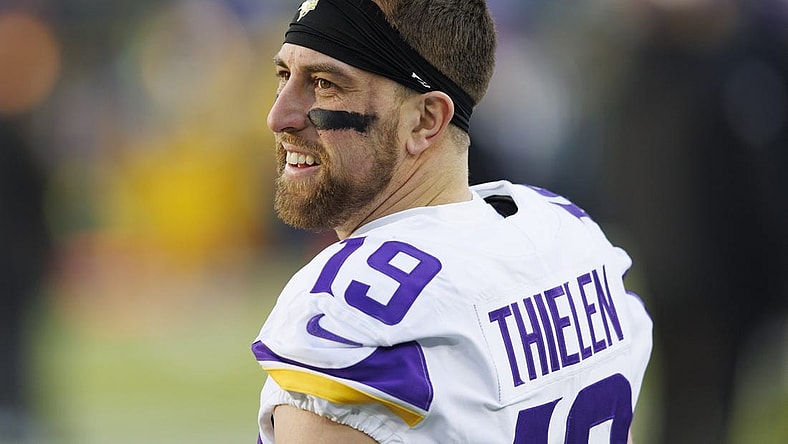 Jan 1, 2023; Green Bay, Wisconsin, USA;  Minnesota Vikings wide receiver Adam Thielen (19) during warmups prior to the game against the Green Bay Packers at Lambeau Field. Mandatory Credit: Jeff Hanisch-USA TODAY Sports