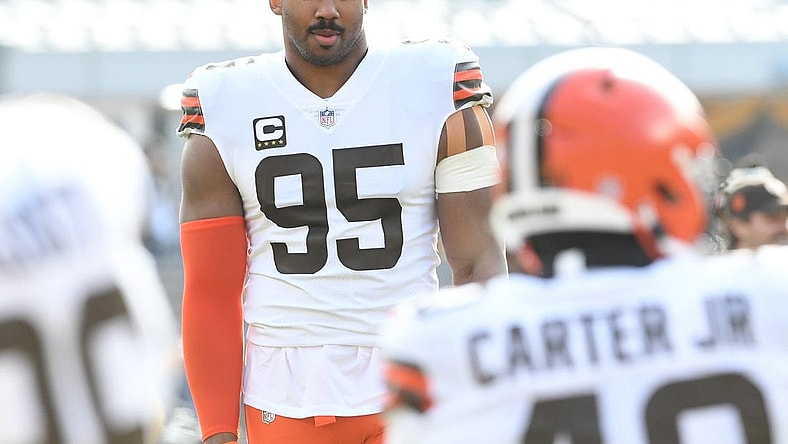 Jan 8, 2023; Pittsburgh, Pennsylvania, USA;  Cleveland Browns defensiven end Myles Garrett (95) before playing the Pittsburgh Steelers at Acrisure Stadium. Mandatory Credit: Philip G. Pavely-USA TODAY Sports