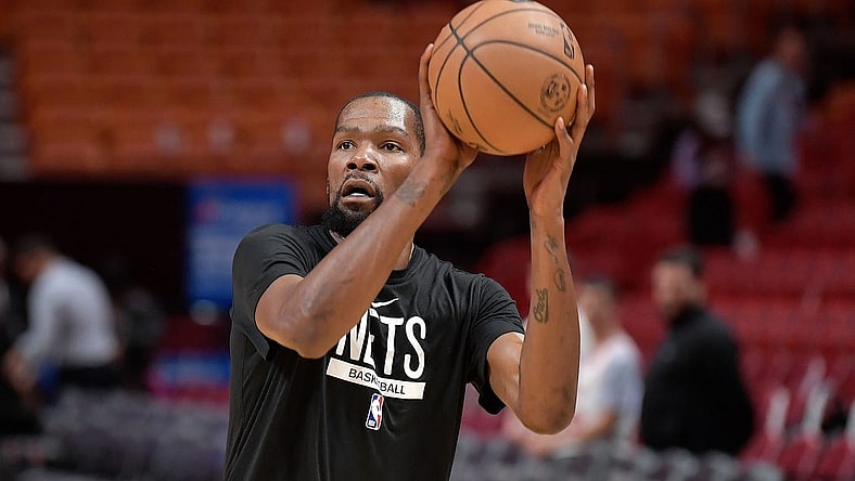 Jan 8, 2023; Miami, Florida, USA; Brooklyn Nets forward Kevin Durant (7) warms up before playing the Miami Heat at FTX Arena. Mandatory Credit: Michael Laughlin-USA TODAY Sports
