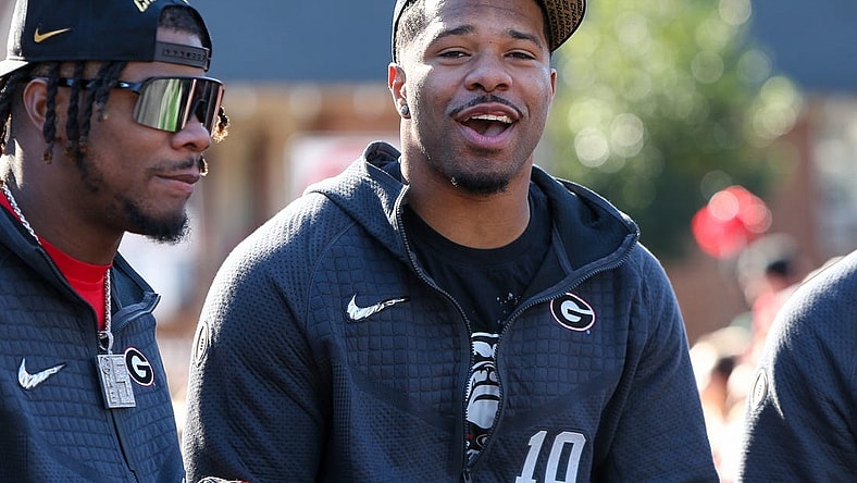 Jan 14, 2023; Athens, GA, USA; Georgia Bulldogs linebacker Jamon Dumas-Johnson (10) at the national championship celebration at Sanford Stadium. Mandatory Credit: Brett Davis-USA TODAY Sports