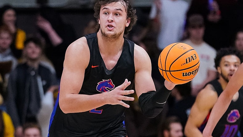 Jan 14, 2023; Laramie, Wyoming, USA; Boise State Broncos forward Tyson Degenhart (2) looks to pass against the Wyoming Cowboys during the first half at Arena-Auditorium. Mandatory Credit: Troy Babbitt-USA TODAY Sports