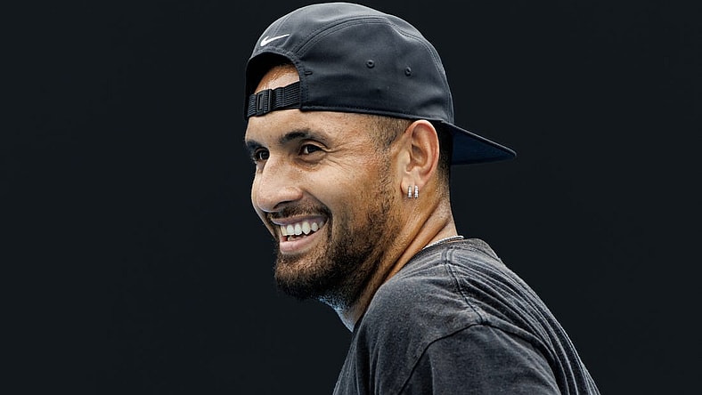 Jan 15, 2023; Melbourne, Victoria, Australia; Nick Kyrgios of Australia laughs during a practice session on court 16 at Melbourne Park. Mandatory Credit: Mike Frey-USA TODAY Sports