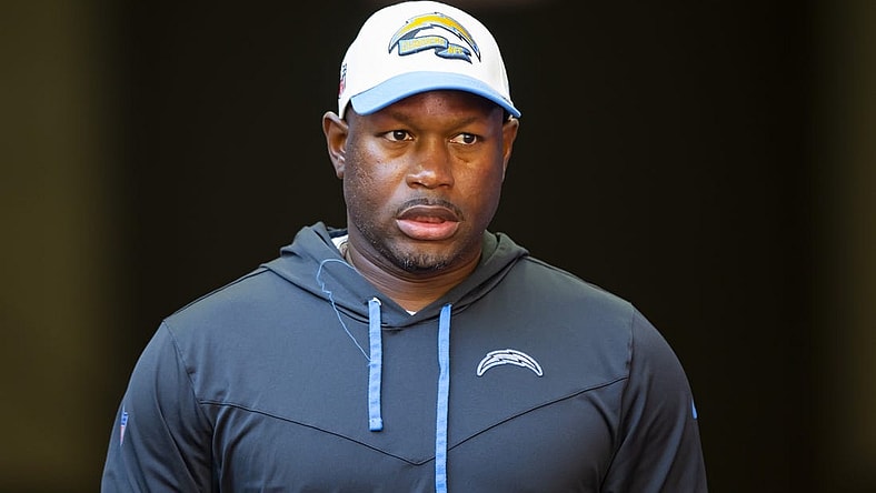 Nov 27, 2022; Glendale, AZ, USA; Los Angeles Chargers defensive coordinator Renaldo Hill against the Arizona Cardinals at State Farm Stadium. Mandatory Credit: Mark J. Rebilas-USA TODAY Sports