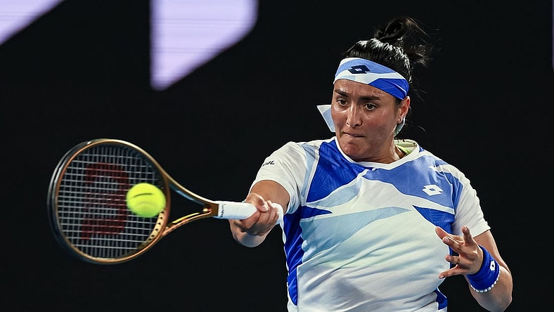 Jan 17, 2023; Melbourne, VICTORIA, Australia; Ons Jabeur on day two during the 2023 Australian Open tennis tournament at Melbourne Park. Mandatory Credit: Mike Frey-USA TODAY Sports