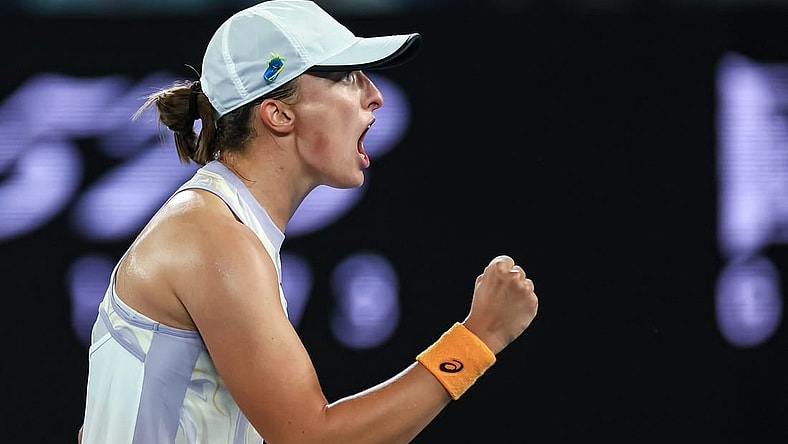 Jan 18, 2023; Melbourne, Victoria, Australia; Iga Swiatek during her second round match against Camila Osorio on day three of the 2023 Australian Open tennis tournament at Melbourne Park. Mandatory Credit: Mike Frey-USA TODAY Sports