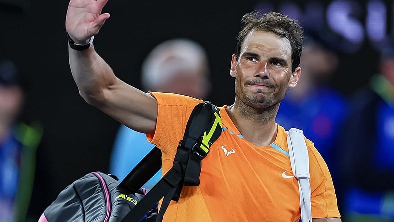 Jan 18, 2023; Melbourne, VICTORIA, Australia; Rafael Nadal after his second round match against Mackenzie Mcdonald on day three of the 2023 Australian Open tennis tournament at Melbourne Park. Mandatory Credit: Mike Frey-USA TODAY Sports