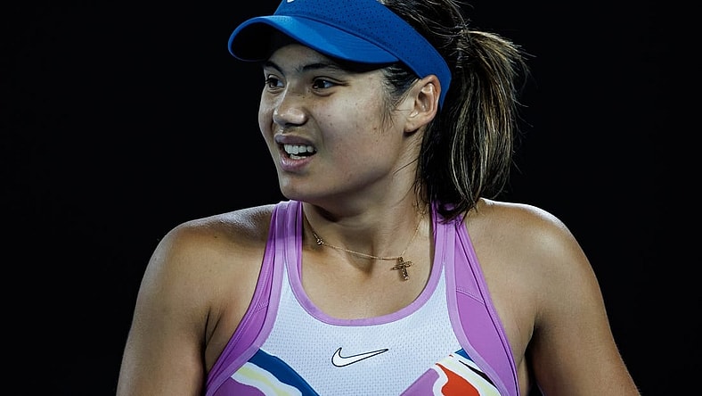 Jan 18, 2023; Melbourne, Victoria, Australia; Emma Raducanu of Great Britain looks frustrated after missing a shot against Coco Gauff of the United States in the second round of the women s singles on day three of the 2023 Australian Open tennis tournament at Melbourne Park. Mandatory Credit: Mike Frey-USA TODAY Sports