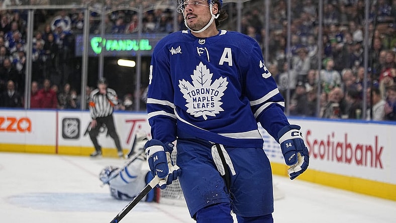 Jan 19, 2023; Toronto, Ontario, CAN; Toronto Maple Leafs forward Auston Matthews (34) heads to the bench after a scoring attempt against the Winnipeg Jets during the first period at Scotiabank Arena. Mandatory Credit: John E. Sokolowski-USA TODAY Sports