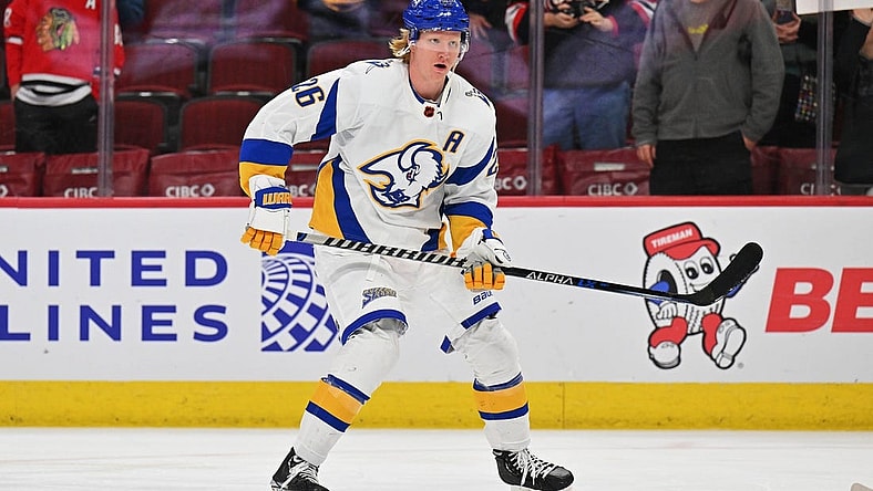 Jan 17, 2023; Chicago, Illinois, USA;  Buffalo Sabres defenseman Rasmus Dahlin (26) warms up before a game against the Chicago Blackhawks at United Center. Mandatory Credit: Jamie Sabau-USA TODAY Sports
