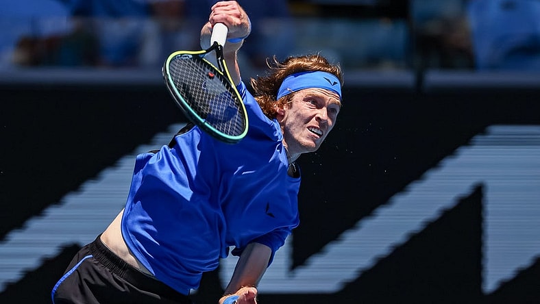 Jan 21, 2023; Melbourne, VICTORIA, Australia; Andrey Rublev from Russia during his third round match against  Daniel Evans from Great Britain on day six of the 2023 Australian Open tennis tournament at Melbourne Park. Mandatory Credit: Mike Frey-USA TODAY Sports