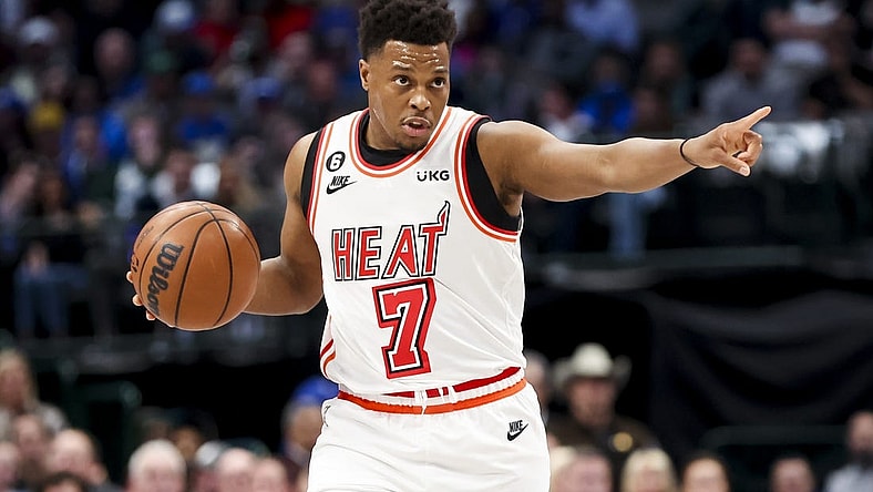 Jan 20, 2023; Dallas, Texas, USA;  Miami Heat guard Kyle Lowry (7) controls the ball during the first half against the Dallas Mavericks at American Airlines Center. Mandatory Credit: Kevin Jairaj-USA TODAY Sports