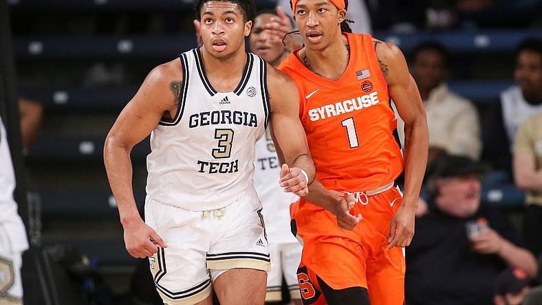 Jan 21, 2023; Atlanta, Georgia, USA; Georgia Tech Yellow Jackets guard Dallan Coleman (3) and Syracuse Orange forward Maliq Brown (1) in the second half at McCamish Pavilion. Mandatory Credit: Brett Davis-USA TODAY Sports