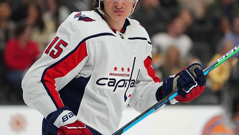 Jan 21, 2023; Las Vegas, Nevada, USA; Washington Capitals left wing Sonny Milano (15) skates against the Vegas Golden Knights during the first period at T-Mobile Arena. Mandatory Credit: Stephen R. Sylvanie-USA TODAY Sports