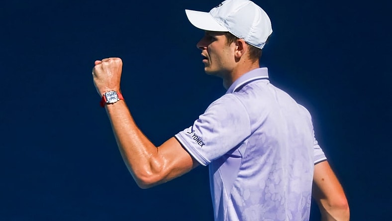 Jan 22, 2023; Melbourne, VICTORIA, Australia; Hubert Hurkacz from Poland during his fourth round match against Sebastian Korda from the United States on day seven of the 2023 Australian Open tennis tournament at Melbourne Park. Mandatory Credit: Mike Frey-USA TODAY Sports