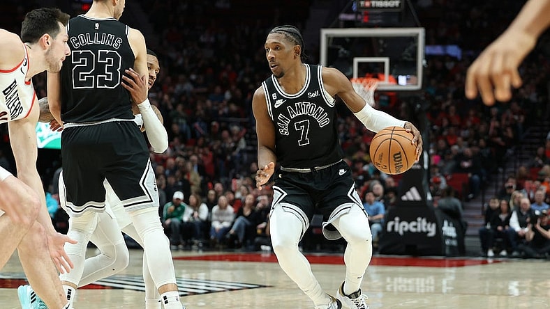Jan 23, 2023; Portland, Oregon, USA; San Antonio Spurs guard Josh Richardson (7) dribbles the ball against the Portland Trail Blazers in the second half at Moda Center. Mandatory Credit: Jaime Valdez-USA TODAY Sports