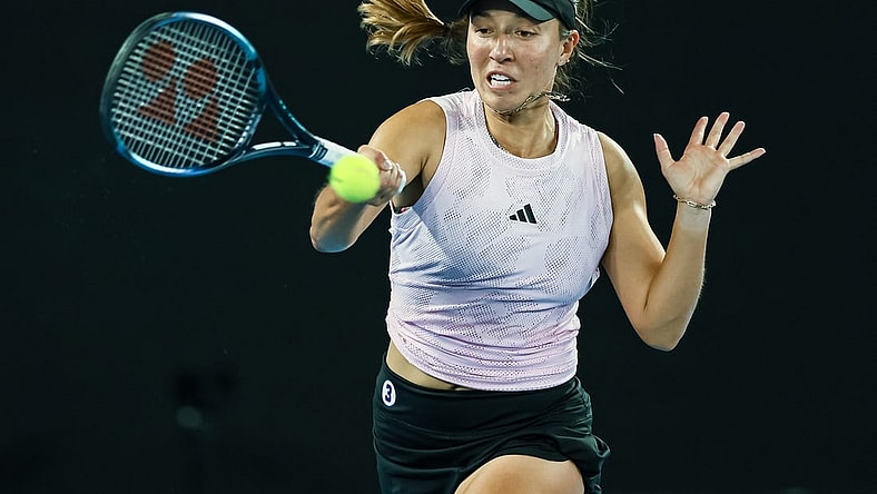 Jan 24, 2023; Melbourne, Victoria, Australia; Jessica Pegula from the United States during her quarter final match against Victoria Azarenka from Belarus on day nine of the 2023 Australian Open tennis tournament at Melbourne Park. Mandatory Credit: Mike Frey-USA TODAY Sports
