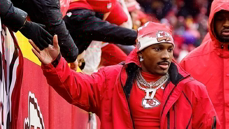 Jan 21, 2023; Kansas City, Missouri, USA; Kansas City Chiefs wide receiver Mecole Hardman (17) greets fans prior to an AFC divisional round game against the Jacksonville Jaguars at GEHA Field at Arrowhead Stadium. Mandatory Credit: Jay Biggerstaff-USA TODAY Sports