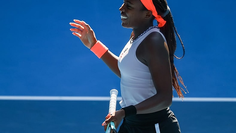Jan 25, 2023; Melbourne, Victoria, Australia; Coco Gauff from the United States celebrates with partner Jessica Pegula (not pictured) after winning their quarter finals doubles match on day ten of the 2023 Australian Open tennis tournament at Melbourne Park. Mandatory Credit: Mike Frey-USA TODAY Sports