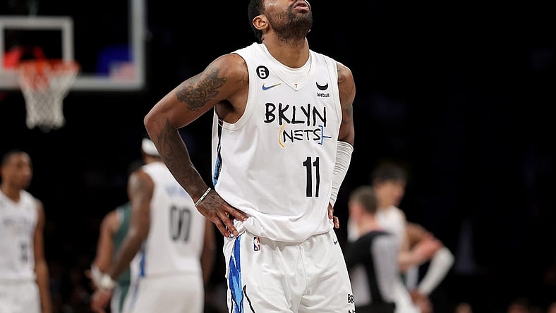 Jan 26, 2023; Brooklyn, New York, USA; Brooklyn Nets guard Kyrie Irving (11) reacts after during the fourth quarter against the Detroit Pistons at Barclays Center. Mandatory Credit: Brad Penner-USA TODAY Sports